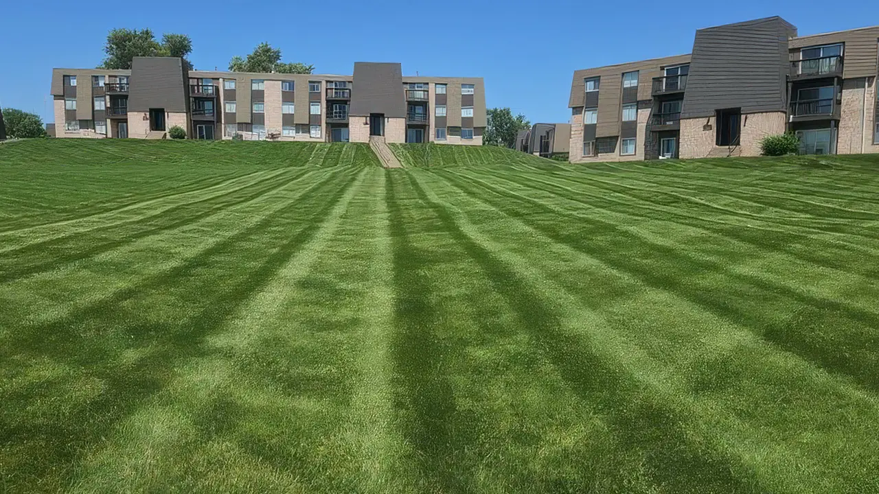 Freshly mowed striped lawn at a commercial apartment property